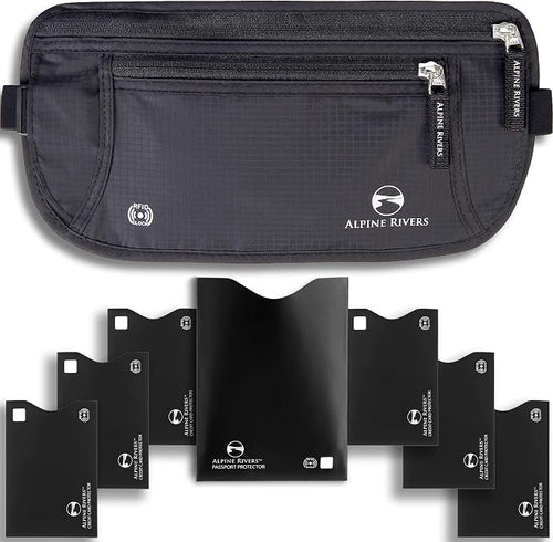 Alpine Rivers Money Belt for Travel - RFID Hidden Wallet, Onyx Black | Triple-layer RFID shielding, hidden passport holder and waist wallet, 7 card sleeves included, fits 26-56 inch waists by AlpineRivers