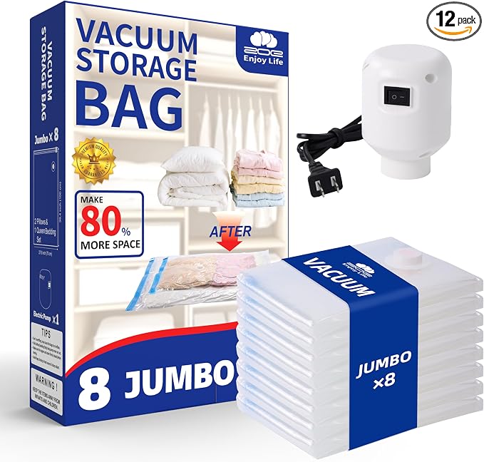 Vacuum Storage Bags for Travel with Electric Pump, 8 Pack | Vacuum Seal Bags for Clothes and Travel, Vacuum Bags For Storage saving 80% space, Reusable Compression Solution by ZoeEnjoyLife