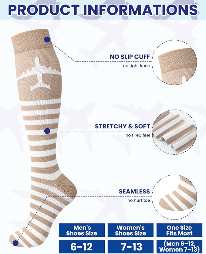 Skicuff 6 Pairs Airplane Compression Socks for Men Women 15-25 Mmhg Graduated Knee High Travel Socks for Flight Flying Pilots - Image 3