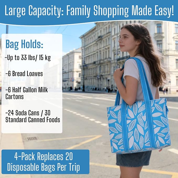 VENO 4 Pack Utility Tote Reusable Grocery Bags with Zipper & Hard Bottom | Heavy Duty Foldable Water-Resistant Shopping Bags for Summer Beach, Pool, Picnic & Travel Carry-on (Spring Breeze, 4 Pack) - Image 7