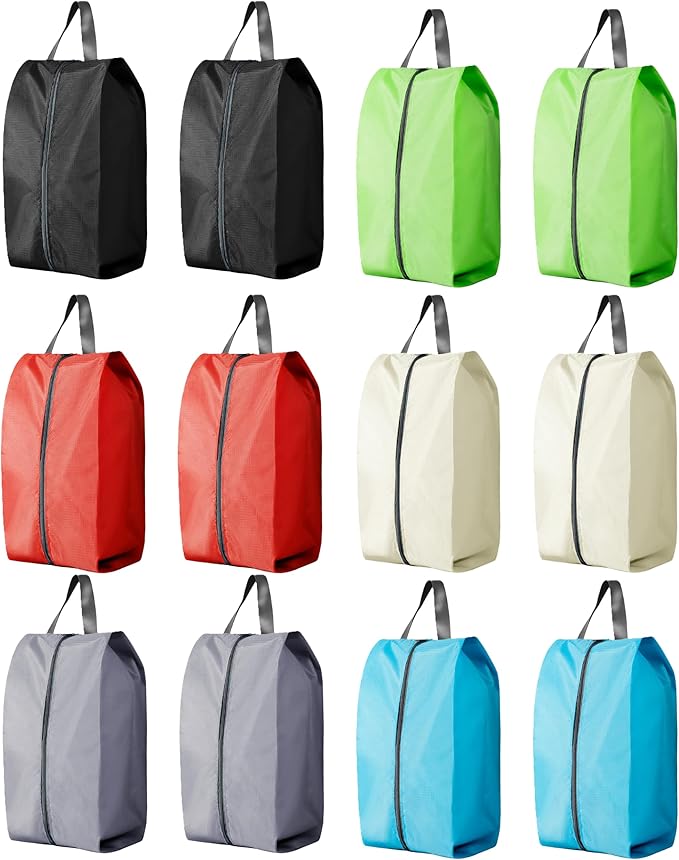 Travel Shoe Bags, Set of 12, Large Oxford Fabric Storage Bags with Zipper and Handle, Water-Resistant Pouches (Black, Gray, Green, Red, Cream, Blue) by Palmhomee