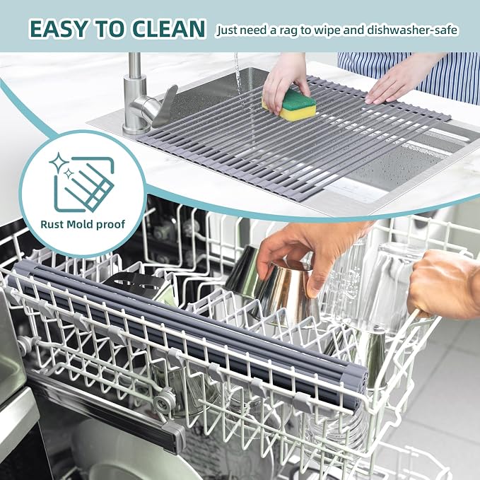 Ohuhu Sink Drying Rack, 20.5" W x 16.1" L Over The Sink Roll-Up Dish Drainer - Rolling Foldable Sink Accessories Heat-Resistant Mat Anti-Slip Silicone Coated Multipurpose for Kitchen Counter - Image 8
