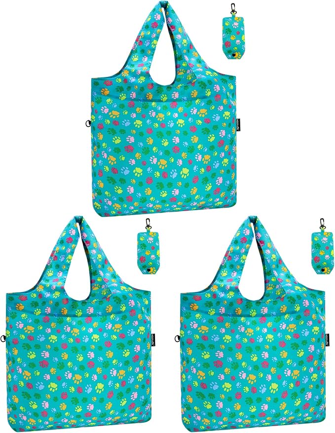 HOLYLUCK Reusable Grocery Bags,Heavy Duty Foldable Shopping Tote Bag (Standard, 3 Green Dog Paw Prints) by holyluck