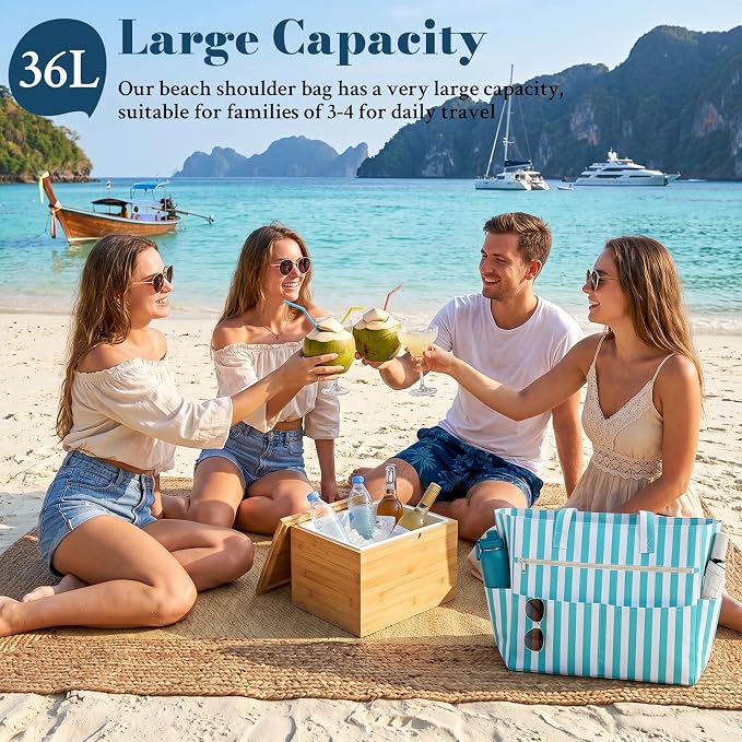 Large Beach Bags for Women, Waterproof Sandproof Beach Tote Bags Swim Pool Bags with Zipper & Wet Pocket Family - Image 3