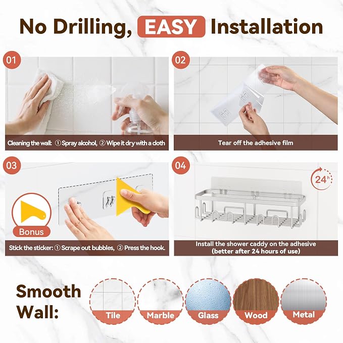 Shower Caddy Adhesive, Rustproof Shower Organizer, Wall Shower Rack | Large Capacity Shower Shelves for Inside Shower, Shampoo Shower Holder, Silver, 3 Caddies, 1 Soap Dish, 1 Toothbrush Holder - Image 9
