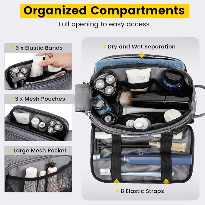 Vorspack Travel Toiletry Bag with Organized Compartment, Medium, Grey | Water Resistant, Wide Opening, with Wet Pocket, Small Travel Bag for Toiletries, Grooming, Shaving, Accessories - Image 3