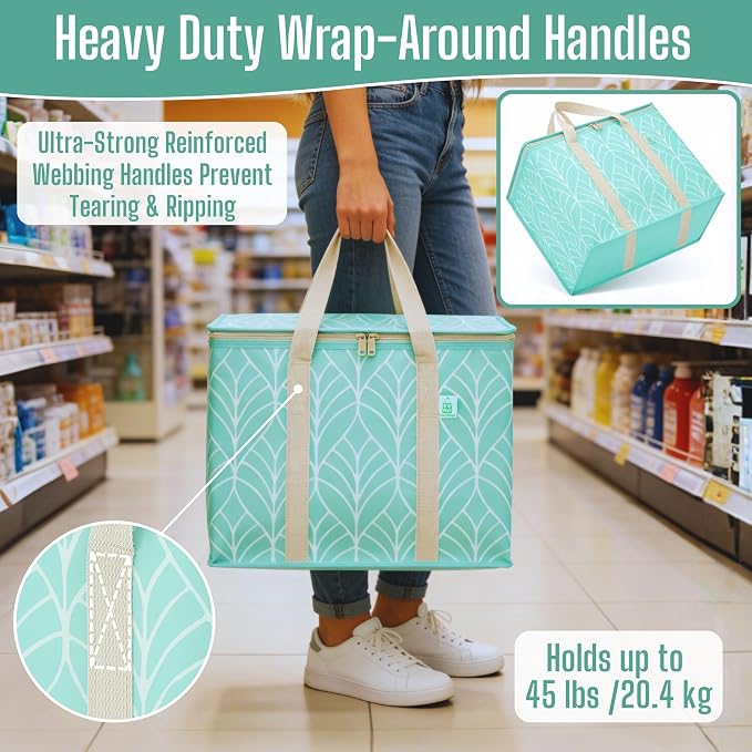 VENO 3 Pack Insulated Cooler Bag Reusable Grocery Bag for Food Delivery | Heavy Duty Large Collapsible Cooler Shopping Tote w/ Zippers, Foldable, Stands Upright for Camping Picnic(Evergreen, 3 Pack) - Image 3