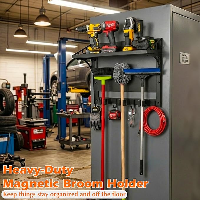 MUTUACTOR Heavy Duty Magnetic Broom Holder,Anti-slip Magnetic Tool Rack with Top Utility Shelf, Easy Assembly Broom Mop Organizer for Refrigerator Metal Cabinet Laundry Room Kitchen,3-Clamps 4-Hooks - Image 6