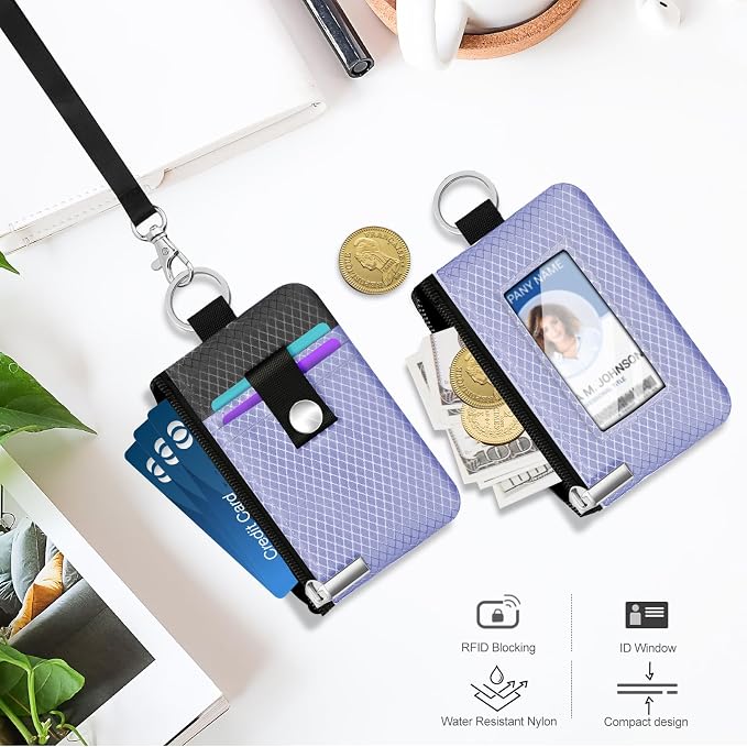 Minimalist RFID Blocking Small Wallet with ID Window,WaterResistant Zip Id Case Wallet with Lanyard Keychain for Cards,Cash,Travel,Women,Men (Lavender Purple/DarkGrey) - Image 8