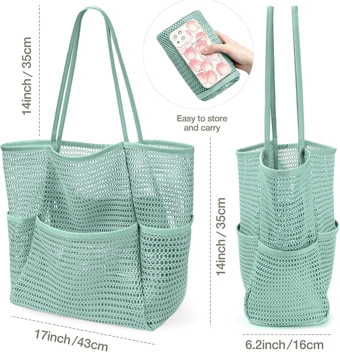 KPX Beach Bag with Mini Pocket, Summer Beach Tote Bags for Women Large Foldable Mesh Swimming Pool Travel Bags - Sandproof - Image 2