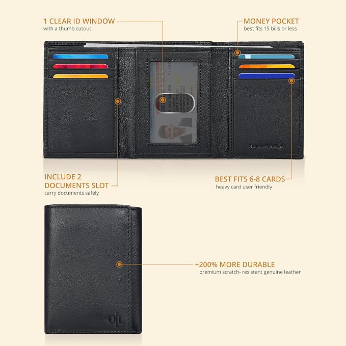 Real Leather Mens Trifold Wallet RFID Blocking Slim Minimalist Front Pocket - Thin & Stylish with ID Window in Gift Box - Image 2