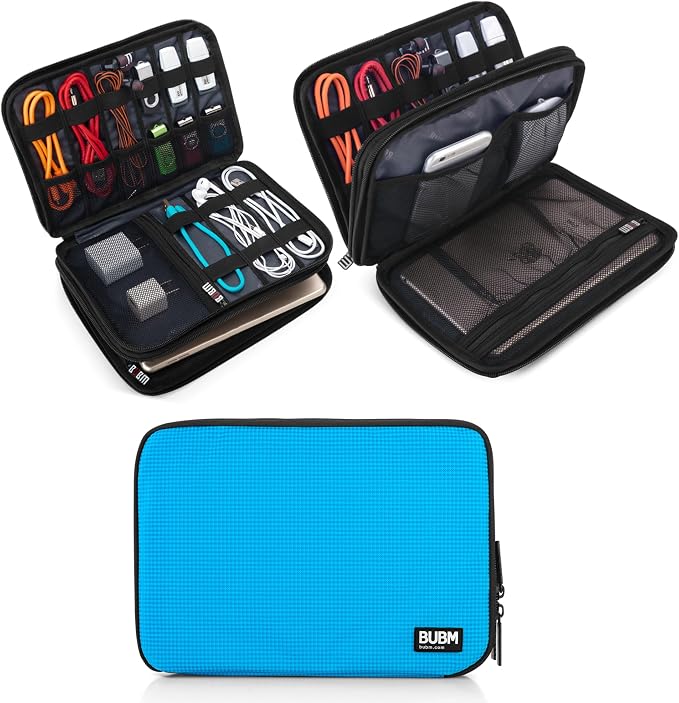 BUBM Double Layer Electronic Accessories Organizer, Travel Gear Bag for Cables, USB Flash Drive, Plug and More, Perfect Size Fits for iPad Mini (Medium, Blue) | Travel Gadget Bag for Cables, USB Flash Drive, Plug and More, Perfect Size Fits for iPad Mini by BUBM