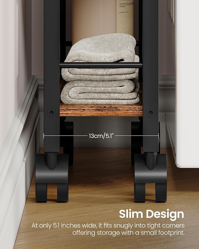 4-Tier Slim Storage Cart, 5.1'' Kitchen Serving Trolley, Slim Rolling Cart with Handle and Guard Rails, Slim Cabinet for Small Spaces, for Dining Room, Rustic Brown and Black TTC01BF - Image 6