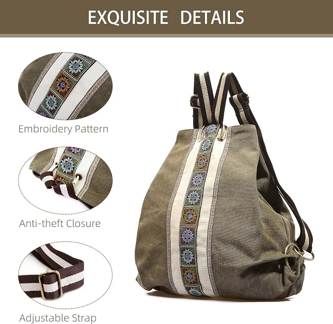 Goodhan Women Canvas Backpack Daypack Casual Shoulder Bag, Vintage Heavy-duty Anti-theft Travel Backpack - Image 2