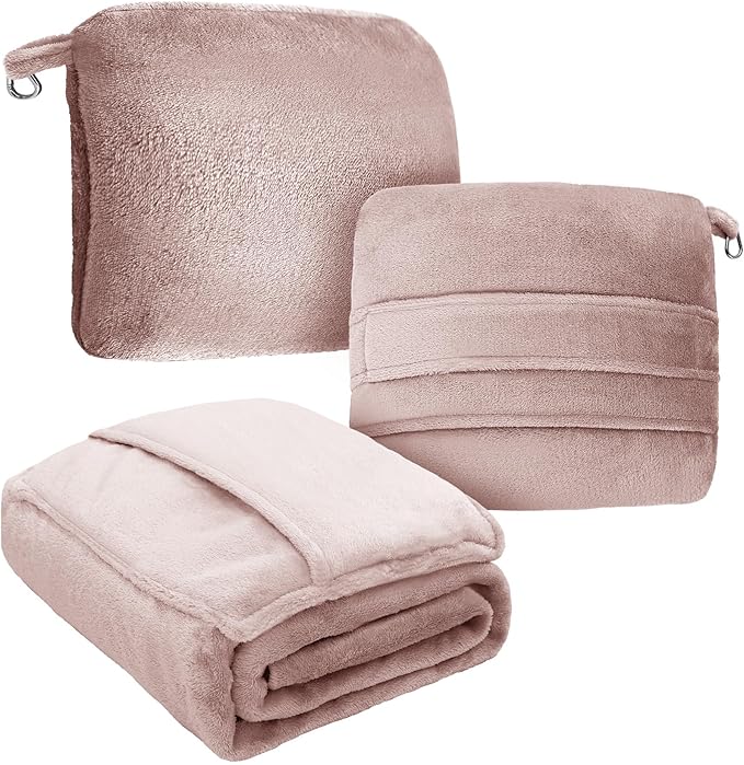 DEZ FURNISHINGS 4-in-1 Self-Storing Travel Blanket & Pillow, Soft Fleece Airplane Blanket with Luggage Sleeve & Backpack Clip, 60" x 45", Pink by DEZFurnishings
