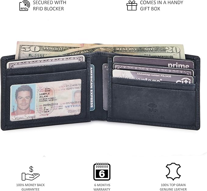 Real Leather Mens Bifold Wallet RFID Blocking Slim Minimalist Front Pocket - Thin & Stylish with ID Window in Gift Box (Crazy Horse, Navy) - Image 5