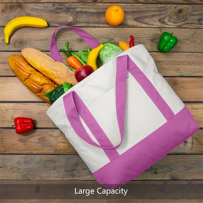 TOPDesign 6-Pack Canvas Tote Bags with an External Pocket, Reusable Grocery Shopping Bags, Top Zipper Closure, Daily Essentials (Light Purple/Natural) - Image 4