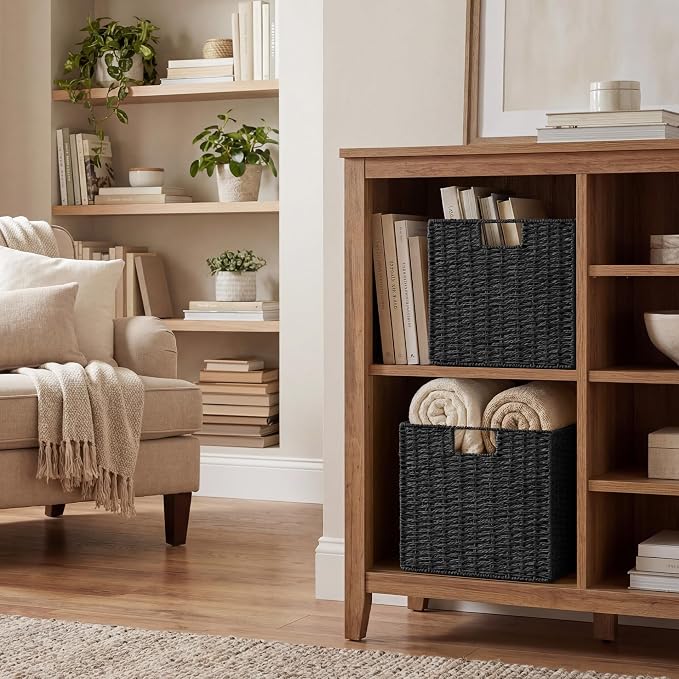 StorageWorks 13 inch Black Wicker Baskets for Storage,Foldable Black Basket | 2-Pack, Handwoven Wicker Storage Baskets for Organizing, Square Storage Cubes, Black Storage Bins, Paper Rope Square Baskets - Image 5