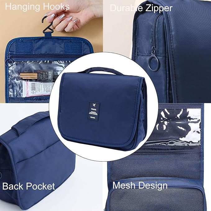 Travel Toiletry Bag with Hook, Hanging Toiletries Bag for Women Makeup and Small Cosmetics Organizer Blue - Image 5