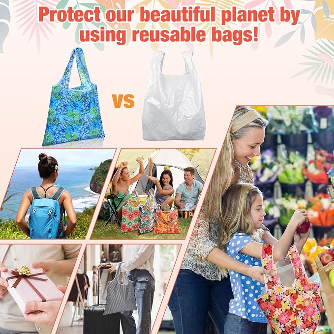 Eccliy 24 Pieces Reusable Grocery Bags Polyester Shopping Bags for Groceries Multi Colors Reusable Foldable Shopping Tote(Plants Style) - Image 6