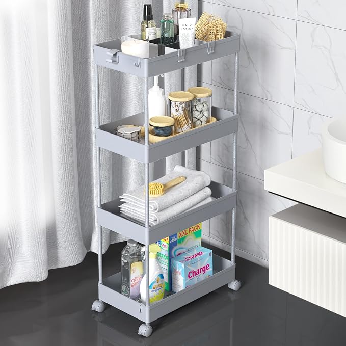 4 Tier Rolling Cart with Wheels, Storage Craft Art Trolley Organizer Serving, 3 Hanging Baskets Easy Assembly, for Office, Living Room, Kitchen by Home