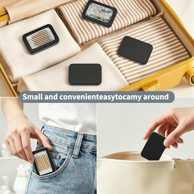 HAOGUAGUA 4 Pcs Travel Containers - Qtip Travel Case and Floss Pick Holder Box, Portable Cotton Swab Organizer Dispenser with Dustproof Lid for Hair Ties Cotton Pad jewelry Small Items (Black) - Image 6