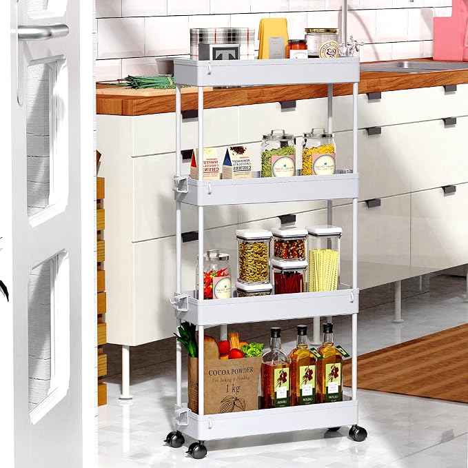 SPACEKEEPER Slim Rolling Storage Cart 4 Tier Bathroom Organizer Mobile Shelving Unit Storage Rolling Utility Cart Tower Rack for Kitchen Bathroom Laundry Narrow Places, Gray | Narrow Rolling Cart with Wheels for Kitchen Office Bathroom Laundry Room,Mob... - Image 7