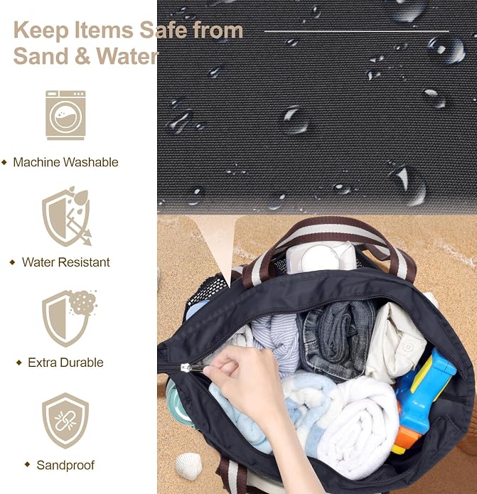 F-color Waterproof Beach Bags for Women - Machine Washable Travel Tote Bag with Zipper Cruise Swim Vacation Essentials - Image 4