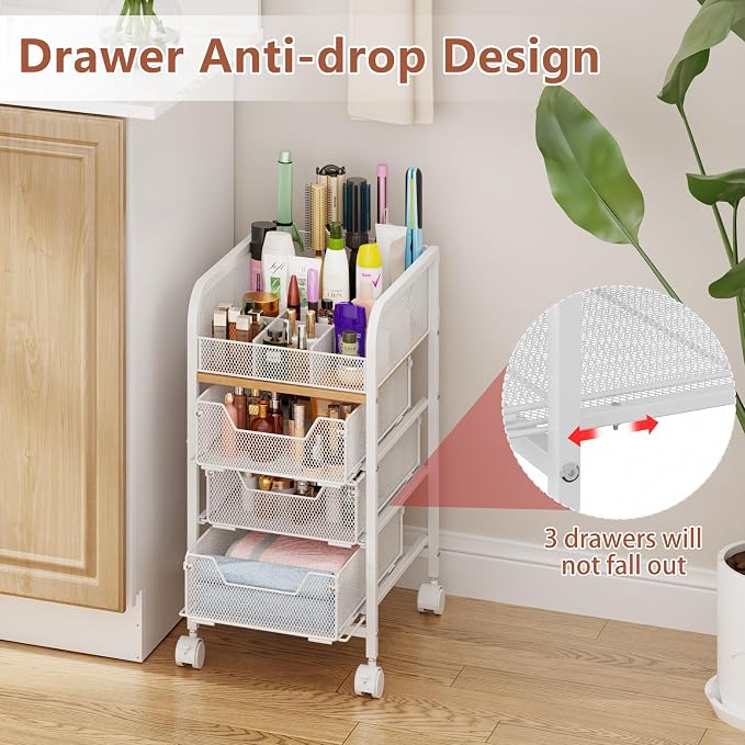 Rolling Makeup Cart Organizer with 3 Drawers, 4-Tier Narrow Floor Skincare Organizers with dividers, Vanity Organizer Cosmetics Display Cases for Makeup Brush, Hair Tool, White - Image 4
