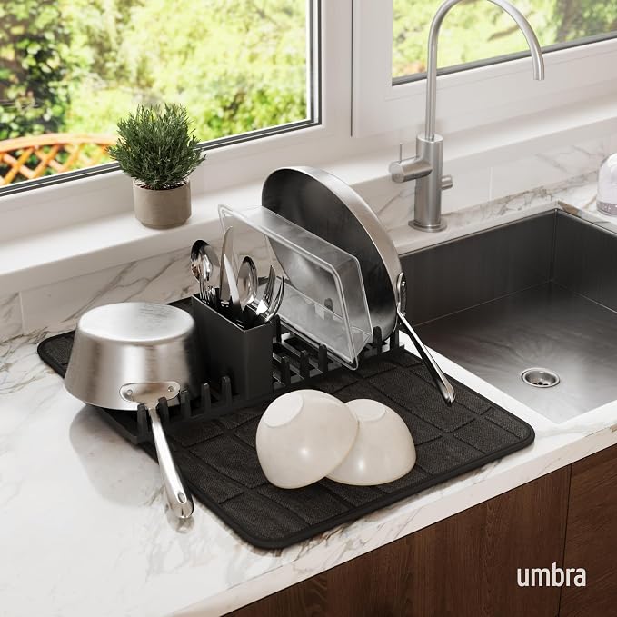 Umbra Udry Dish Drying Rack with Microfiber Mat, Foldable Drainer, Black | Machine washable, protects countertops, utensil holder, compact space saving design - Image 2