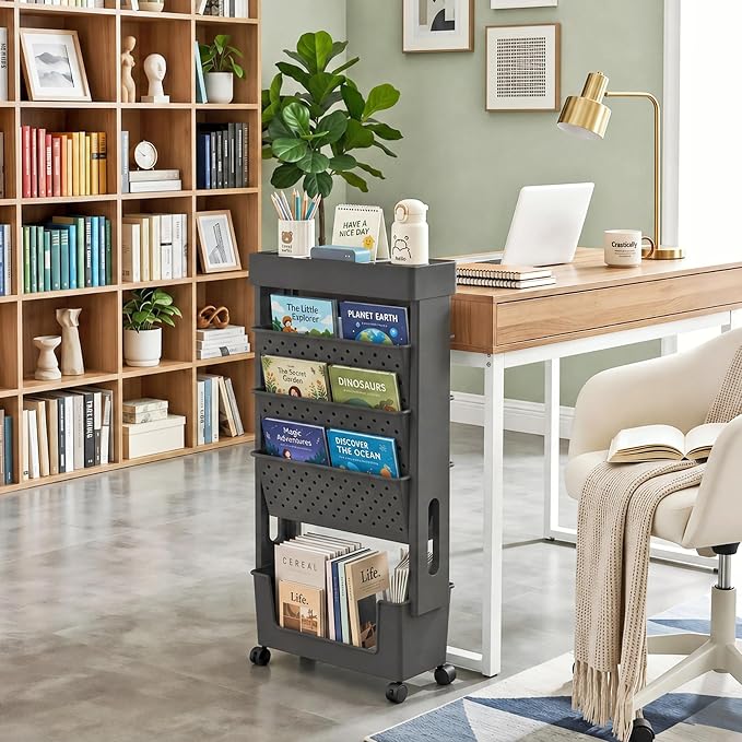 BYFU 5-Tier Rolling Bookshelf Cart, 30.7" H, Black | Movable with Wheels, File Paper Storage Organizer, For Home Office Study Classroom - Image 2