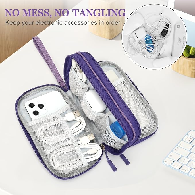 FYY Electronic Organizer, Travel Tech Pouch Bag Cable Organizer Dark Purple | Wrist Strap, Waterproof, Double Layers Portable Electronics Travel Carrying Case for Cord, Charger, Daily Business Trips Use - Image 5