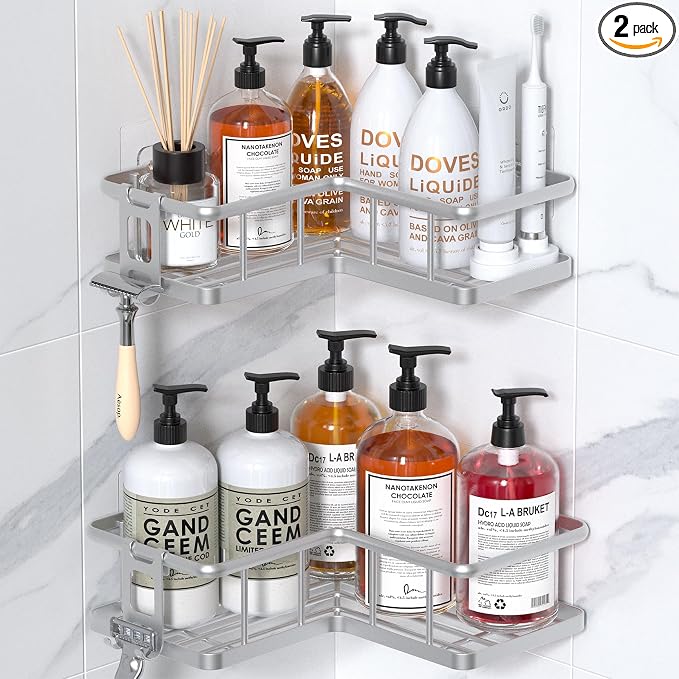 Corner Shower Caddy Adhesive, 100% Rustproof Shower Organizer, No Drill Shower Shelf for Inside Shower, Wall-Mounted Shower Storage for Homes (2 Pack, Silver) by YASONIC