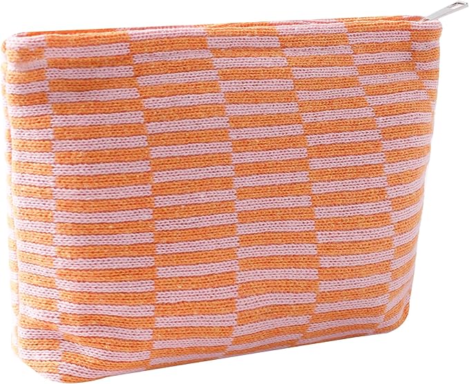 Cosmetic Bags for Women - Corduroy Cosmetic Bag Aesthetic Women Handbags Purses Smile Dots Makeup Organizer Storage Makeup Bag Girls Case Bags (Q-Checkered Orange pink) by Gardsell