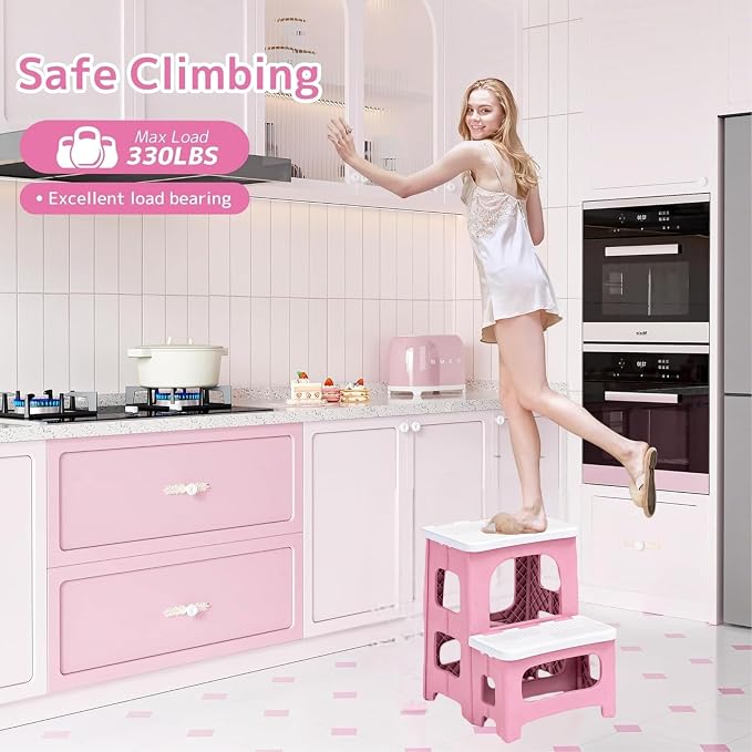 2 Step Stool Foldable, Non-Slip Steps, Folding Step Stool for Adults, Plastic Stool Pool Ladder, Collapsible Stools 2 Step Ladder for Kitchen Toilet Bedroom Office RV, Holds 330 lbs - Image 4