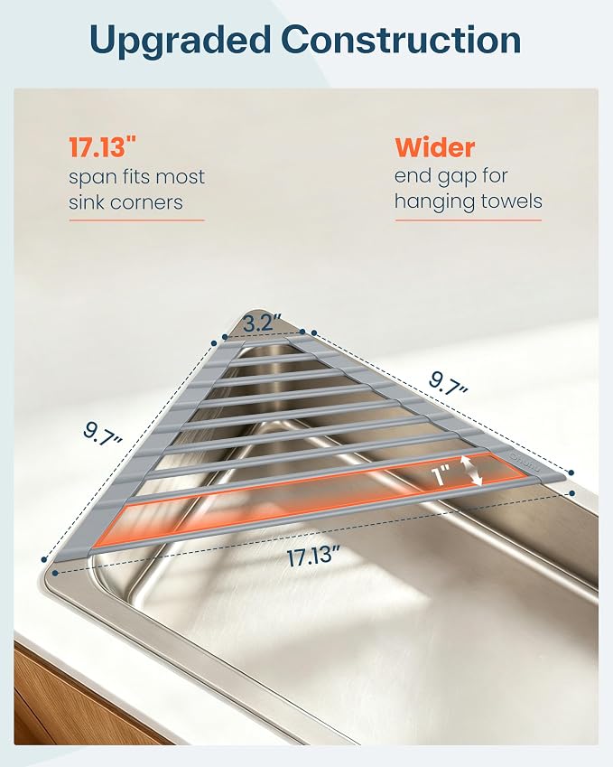 Ohuhu Triangle Roll Up Dish Drying Rack, Silicone Wrapped Steel Anti-Slip Sink Corner Rack Caddy Multipurpose Strainer for Kitchen Sink Trivet Space-Saving - Image 6