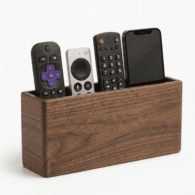 Wall Mount Remote Control Holder, Dark Walnut Wood TV Remote Organizer & Phone Caddy, No-Drill Space-Saving Wall Storage for Living Room, Office, Bedroom and Bedside by Unknown