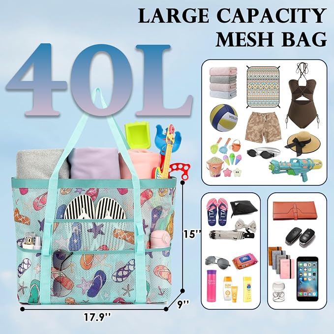Fammart Mesh Beach Bag for Women, Large Beach Toy Pool Bag with Zipper Pocket, SandProof Cruise Essentials 2026 Family Travel - Image 4