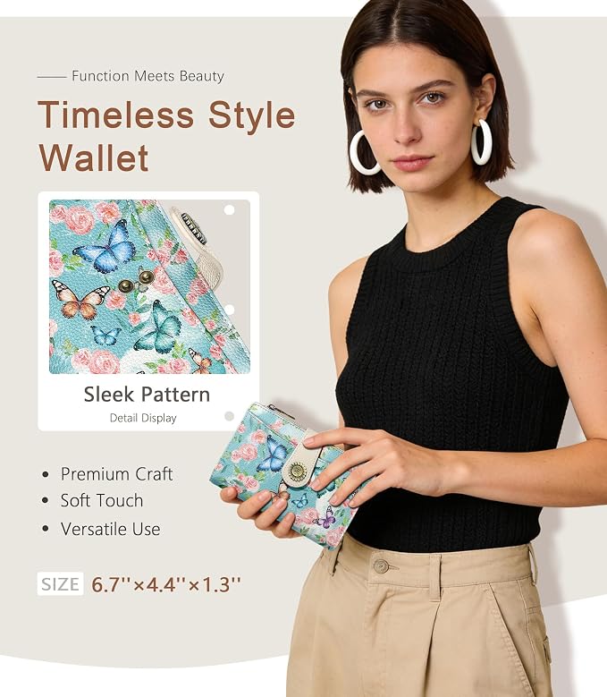 Butterfly Wallet Women RFID, Passport Holder, Credit Card Holder | 6.7" x 4.4" x 1.3" Bifold, Travel billfold, Zipper Pocket, PU Leather, Clutch, Purse, ID Window, Pen Holder, Gift Ladies Girl - Image 2