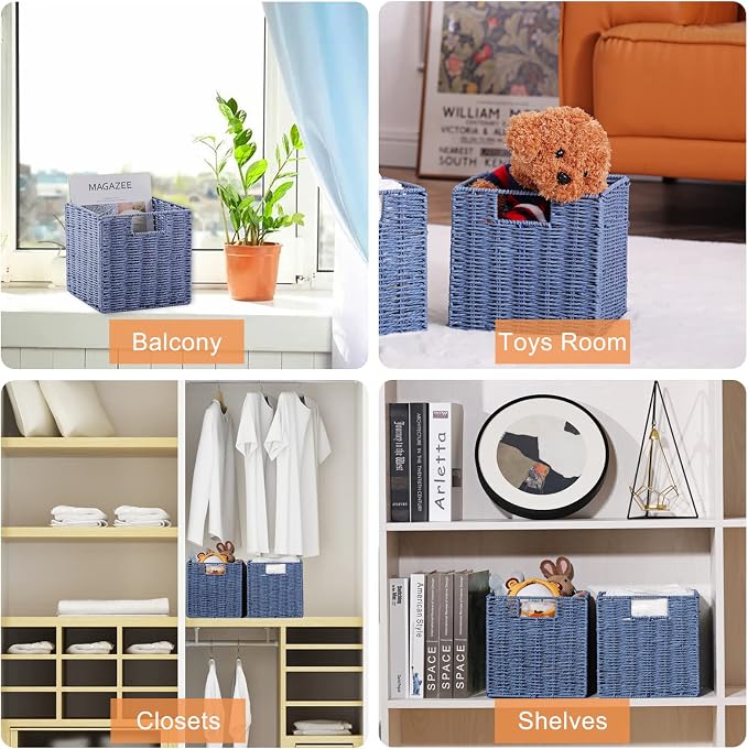 Wicker Basket, Set of 2 Hand-Woven Paper Rope Storage Baskets for Organizing, Foldable Cubby Storage Bins, 9 Inch Small Wicker Storage Basket, Square Baskets Cube Storage Organizer Bins, Blue - Image 4