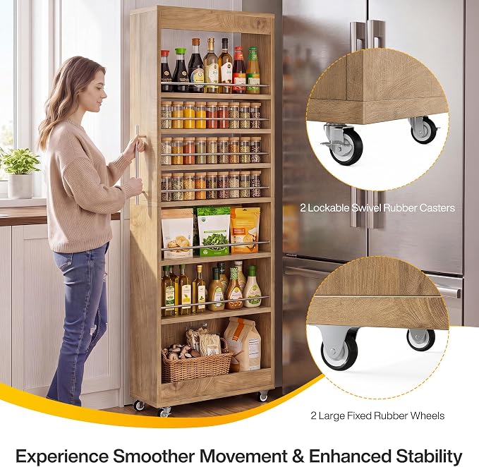 Tribesigns 73" Tall Slim Storage Cart on Rubber Wheels, 7-Tier Narrow Pantry Cabinet, Rolling Skinny Spice Rack Organizer Next to Fridge, Wooden Pull-Out Storage Shelf for Kitchen Small Spaces, Brown - Image 5