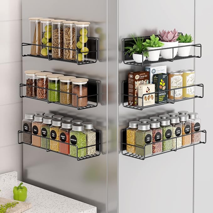 Mystozer 6 Pack Magnetic Spice Rack Organizer, Space Saver for Refrigerator and Whiteboard, Metal Fridge Shelf for Kitchen and Classroom Refrigerator Organizers and Storage Spice Rack Shelf (Black) by Mystozer