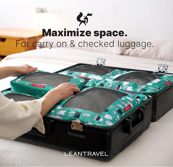 LeanTravel Premium Compression Packing Cubes for Travel - Suitcase Organizer Bags with Double Zipper & Breathable Mesh Panel - Space Saving Carry On Luggage Essentials (6-Pack, Green Cactus) - Image 8