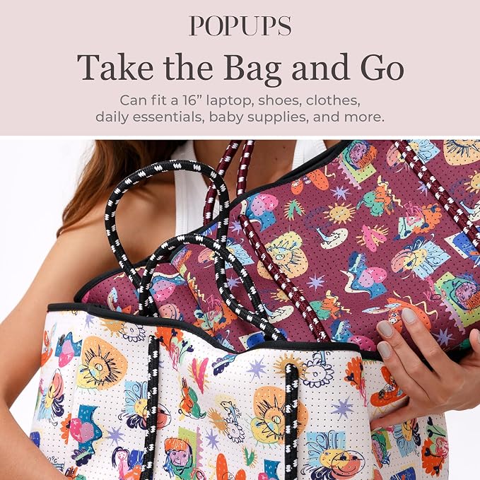 POPUPS Large Neoprene Tote Bag for Women - Everyday Designer Handbag for Travel Work and Beach with Pockets and Zipper Pouch - Image 8