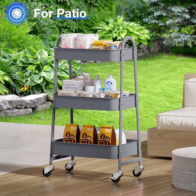 OLIXIS Metal Rolling Storage Utility Cart with Lockable Wheels 3 Tiers | Mobile Organizer Shelf, Space-Saving, Freestanding, Bathroom, Living Room, Slim, Narrow Corner Spaces, Gray - Image 7