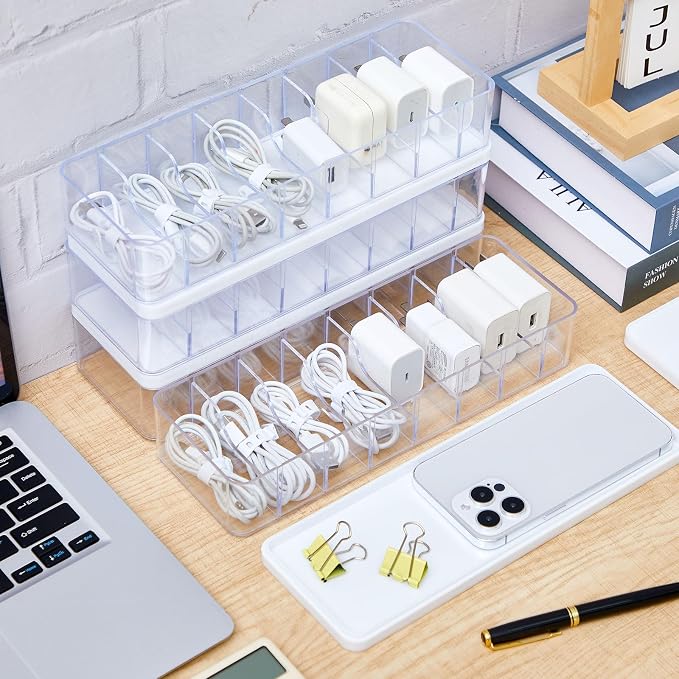 Tatuo 4 Pcs Cord Organizer for Drawer Desktop, Cable Organizer Box with 8 Compartments and Wire Ties, Plastic Charger Storage with Lid, Electronics Case for Home Office Accessories (Small,Clear,White) - Image 6