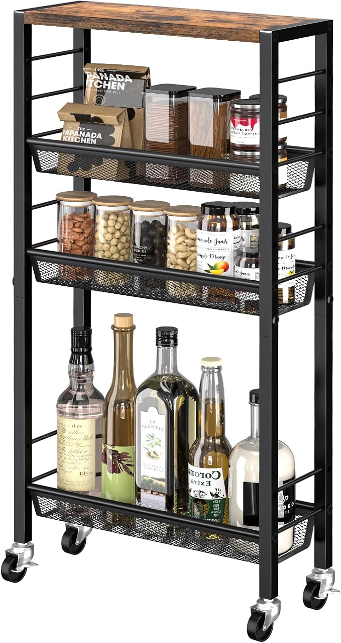 Narrow Storage Cart with Wheels,4-Tier Narrow Kitchen Carts Slim Rolling Cart,Skinny Storage Cart for Small Spaces,Rolling Utility Cart for Livingroom,Diningroom,Office,Laundry Room,Bathroom by HOME