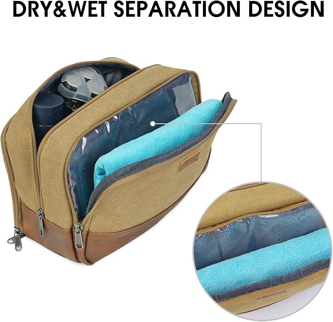 WANDF Travel Toiletry Bag for Men, Canvas Shaving Dopp Kit | Wet Separation, Water-Resistant Fabric, Travel Bag for Toiletries, Shaving Accessories, Weekend Trips - Image 3