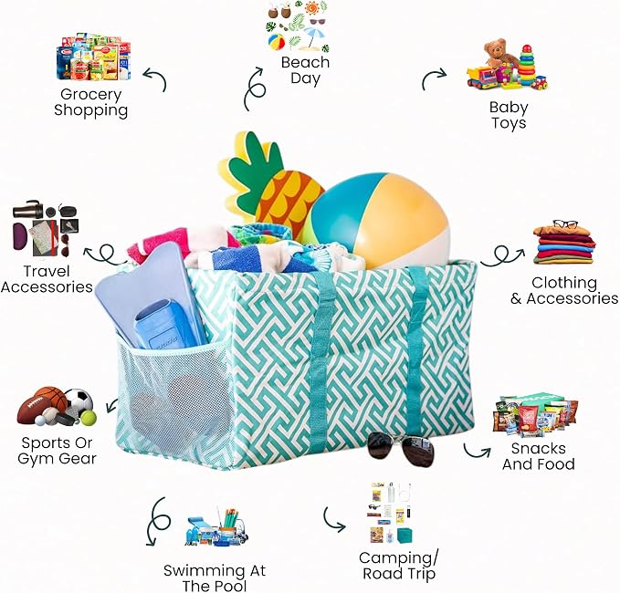 Extra Large Utility Tote Bag - Oversized Collapsible Reusable Wire Frame Rectangular Canvas Basket With Two Exterior Pockets For Beach, Pool, Laundry, Car Trunk, Storage - Geometric Teal - Image 3