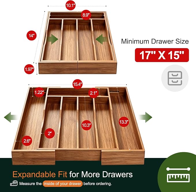 Expandable Acacia Kitchen Drawer Organizer for Cutlery and Utensils, Adjustable Acacia Wood Cutlery Tray in Drawer for Flatware and Silverware in Kitchen - Image 2